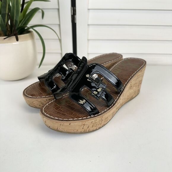 Sam Edelman Regis Cork Wedge Slide Sandal Black Vegan Faux‎ Leather Shoes Size 9 - Picture 1 of 8